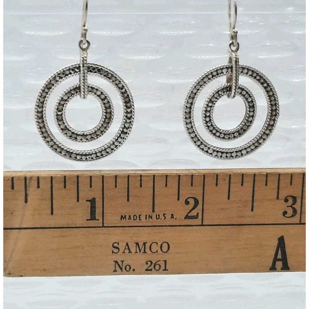 Signed Anna Beck 925 Silver Double Open Circle Dotted Spinner Dangle Earrings - Picture 3 of 5